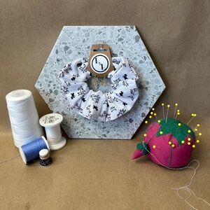 Handmade Dog Lover’s Scrunchie with Matching Silver Paw Print Earrings Set